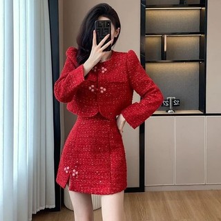 Set đồ đỏ  năm mới ấm áp , Bộ Áo Khoác Ngắn Cho Phụ Nữ, áo dạ , váy dạ, đồ nữ, hotgirl, quý phái