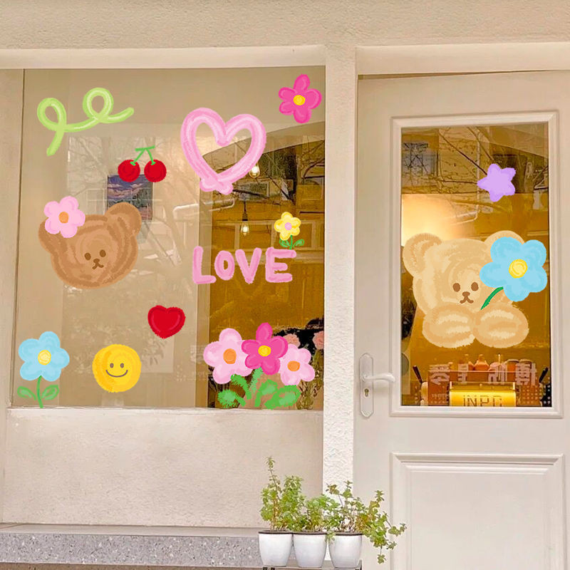 Miếng Dán Cửa Kính Hoạt Hình Dễ Thương Họa Tiết Gấu Dán Tường Nhãn Dán Cửa Hàng Trang Trí Tĩnh Cửa D