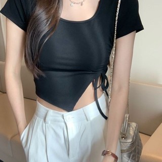 Hot Girl Pure Desire Áo Thun Ngắn Mới Slim Fit Mùa Hè Dây Rút Thiết Kế Không Đều Niche Tay Ngắn Top