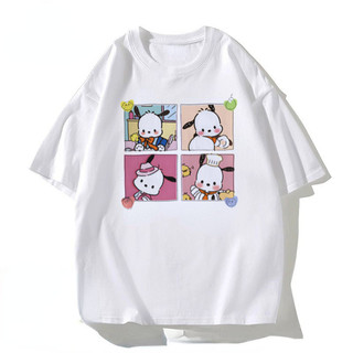 [Polyester] Áo thun nữ tay ngắn hoạt hình dễ thương Pochacco dáng rộng thông thường Quần áo mùa hè cổ tròn đa năng