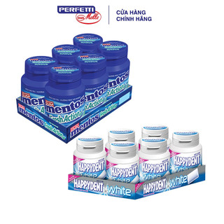 Combo 6 hũ Sing gum Happy Dent + Sing gum Mentos Fresh Action hương bạc hà mạnh (hộp 6 hũ)