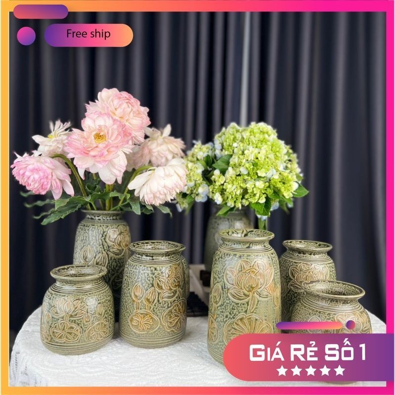 Bộ 3 bình gốm Bát Tràng khắc sen men nam chảy, lọ hoa decor trang trí nhà cửa Yumi Shop YM 202
