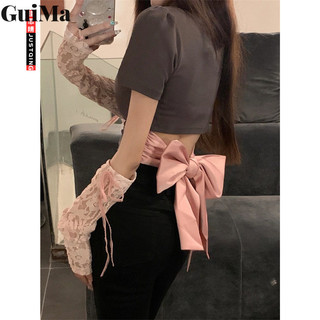 Guima mới cổ polo áo thun nữ tay ngắn thiết kế gợi cảm nơ lưng nữ top