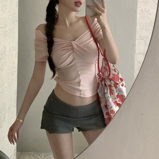 Hot Girl Hồng Thiết Kế Hàng Đầu Xếp Ly Áo Thun lệch Vai Nữ Mùa Hè Niche Slim Chic Tay Ngắn Thời Trang