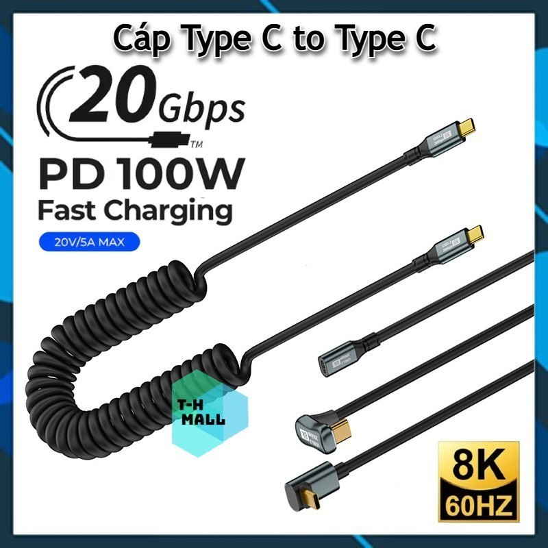 [ 20Gbps ] Dây Cáp Lò Xo Sạc Nhanh PD 100W USB Type C 3.2 20Gbps 8K 60Hz 4K 120hz OTG Thunderbolt 3 