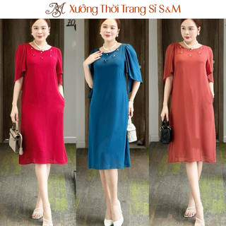 Đầm suông trơn đính hoa đính ngọc, tay loe, có túi - GR0303 (Hình thật shop chụp)