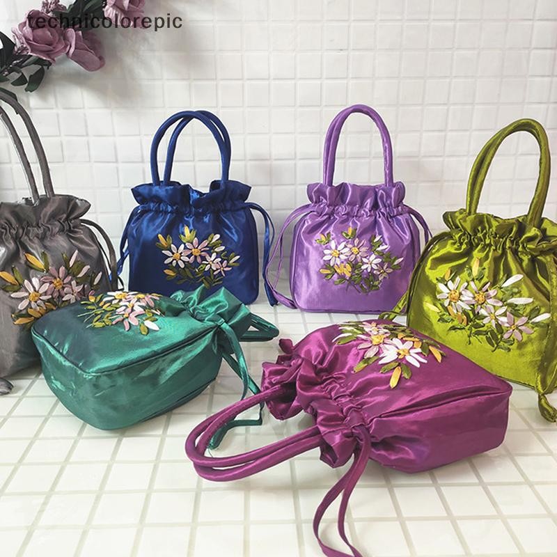 Technicolorepic Túi xách nữ nhỏ kiểu dáng xô, có quai xách phía trên, kiểu dáng dân tộc, thêu hoa, dây rút TEC