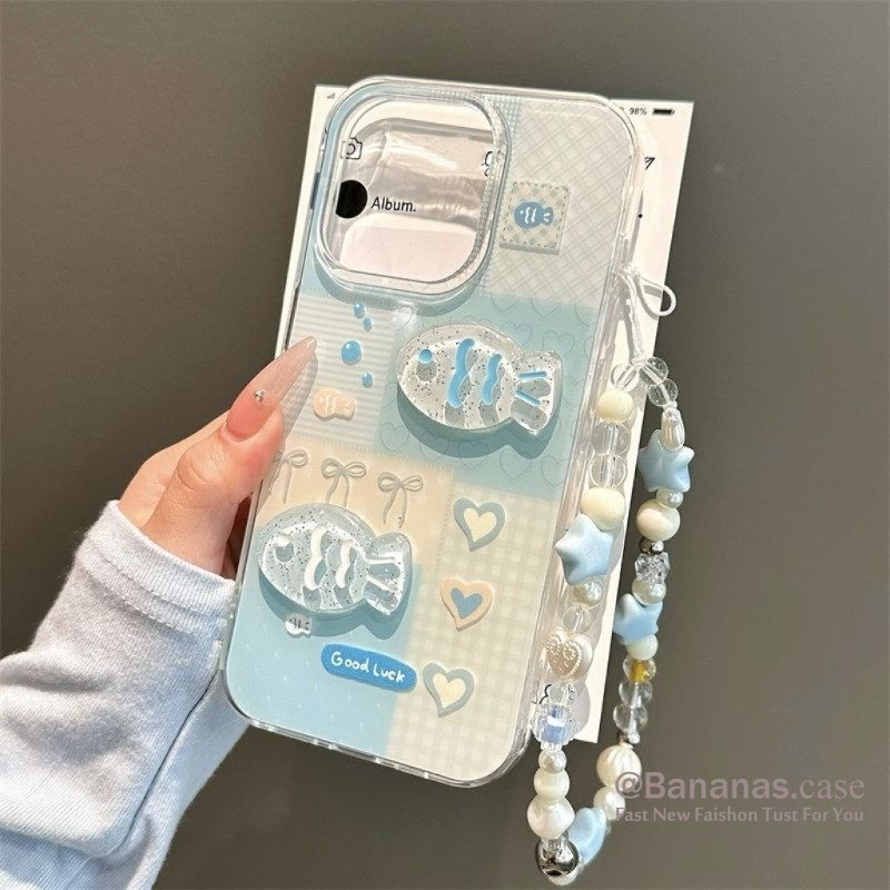 Ốp điện thoại iPhone 17 16 15 14 13 12 11 Pro Max X Xr Xs Max 7 8 Plus SE2020 Ins 3D DIY Cá xanh dễ thương + Dây buộc Ốp lưng mềm trong suốt