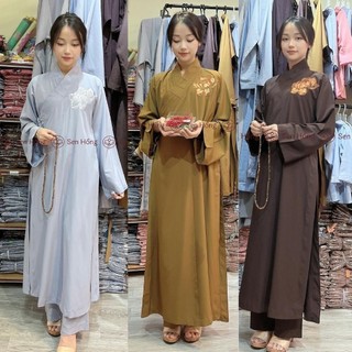Bộ quần áo tràng phật tử - áo choàng phật tử thêu sen # set đồ pháp phục áo tràng kèm quần vải mềm có co giãn bt01