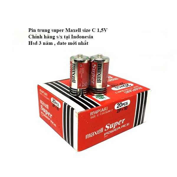 Pin Trung size C MAXELL R14(AR) vỉ 2 viên 1.5V (Nhập Khẩu Indonesia) cực chất lượng, dùng cho bếp Gas, đồng hồ, đèn Pin