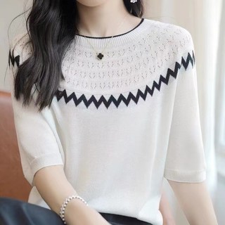 Mùa hè Phong Cách Mới Len Dâu Lụa Dệt Kim Ngắn Tay Nữ Phong Cách Mỏng Một Dòng Đầm Áo Thun Rỗng Màu Sắc Tương Phản Giữa Tay Top Kim Vui Vẻ