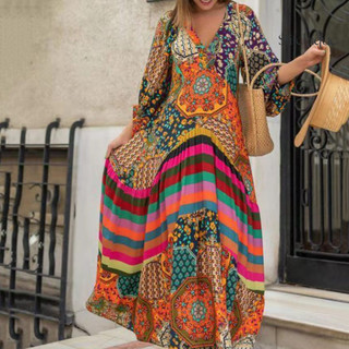 Stitchique _ Cổ Chữ V Tay Đèn Lồng Xếp Ly Đầm Maxi Retro Dân Tộc In Hình Viền Lớn Đi Biển Dài Đầm Nữ Quần Áo