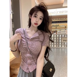 Thiết Kế Cảm Giác Xếp Ly Vai Chính Thức Áo Thun Nữ Tay Ngắn Mùa Hè Không Đều Slim-Fit Ngắn Cao Cấp Top Chồn Ar