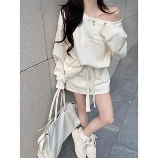 Bộ Đồ Hai Mảnh Thể Thao Giản Dị Áo Len Dài Tay In Hình Trễ Vai Màu Be Trang Phục Nữ Bộ Váy Vệ Sinh Mùa Thu