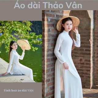 - áo dài trắng học sinh đi học truyền thống may sẵn lụa mỹ đẹp cổ vuông cho nữ sinh kem women
