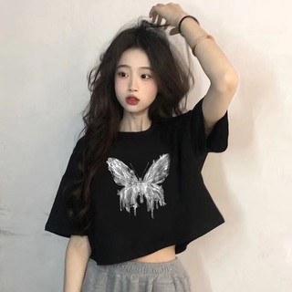 Áo thun ngắn tay nguyên chất] Áo thun hàng đầu Xia Li Giảm phong cách khách mới Loose yu Eo cao [Hot Girl Ice Silk Phong cách ngắn lộ nhân vật nữ JKLT