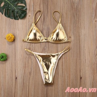  Bộ Bikini gợi cảm màu trơn dành cho nữ Áo ngực vàng bóng và quần short tam giác cạp thấp Bộ đồ bơi 