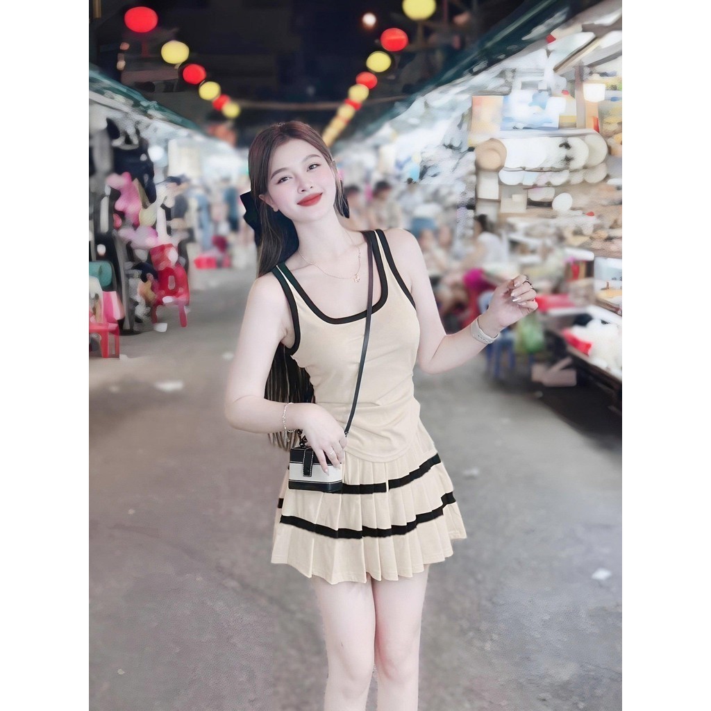 Set Bộ Đồ Nữ Áo Ba Lổ Dáng ôm Body Phối Viền Vạt Lượn Mix Chân Váy Xếp Ly Quần Sọc Ngang Có Lót Trong Thun Tăm 40-95kg | BigBuy360 - bigbuy360.vn