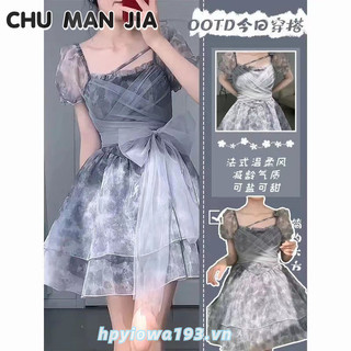 Chu MAN JIA Váy nữ đính sequin Pháp tay phồng váy tutu