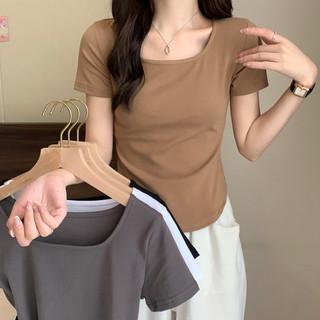 Mùa Hè 2024 Hàn Quốc Cay Bé Gái Cổ Chữ U Vai Ngắn Tay Áo Thun Nữ Không Đều crop Top tee