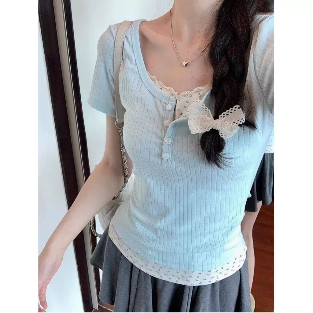Meet-Adm Áo Thun Nữ  Cổ Tròn Giá 2 Lớp Viền Ren Hoa Nhỉ Ngắn Tay Phong Cách Tiểu Thư Hàn Quốc Coquette | BigBuy360 - bigbuy360.vn