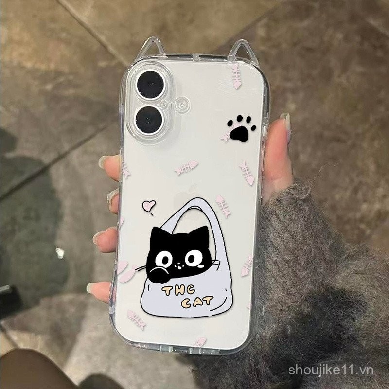 Túi mua sắm mèo đen trong suốt, tai mèo nhỏ, tương thích với ốp lưng iPhone, phù hợp cho iPhone 16 P