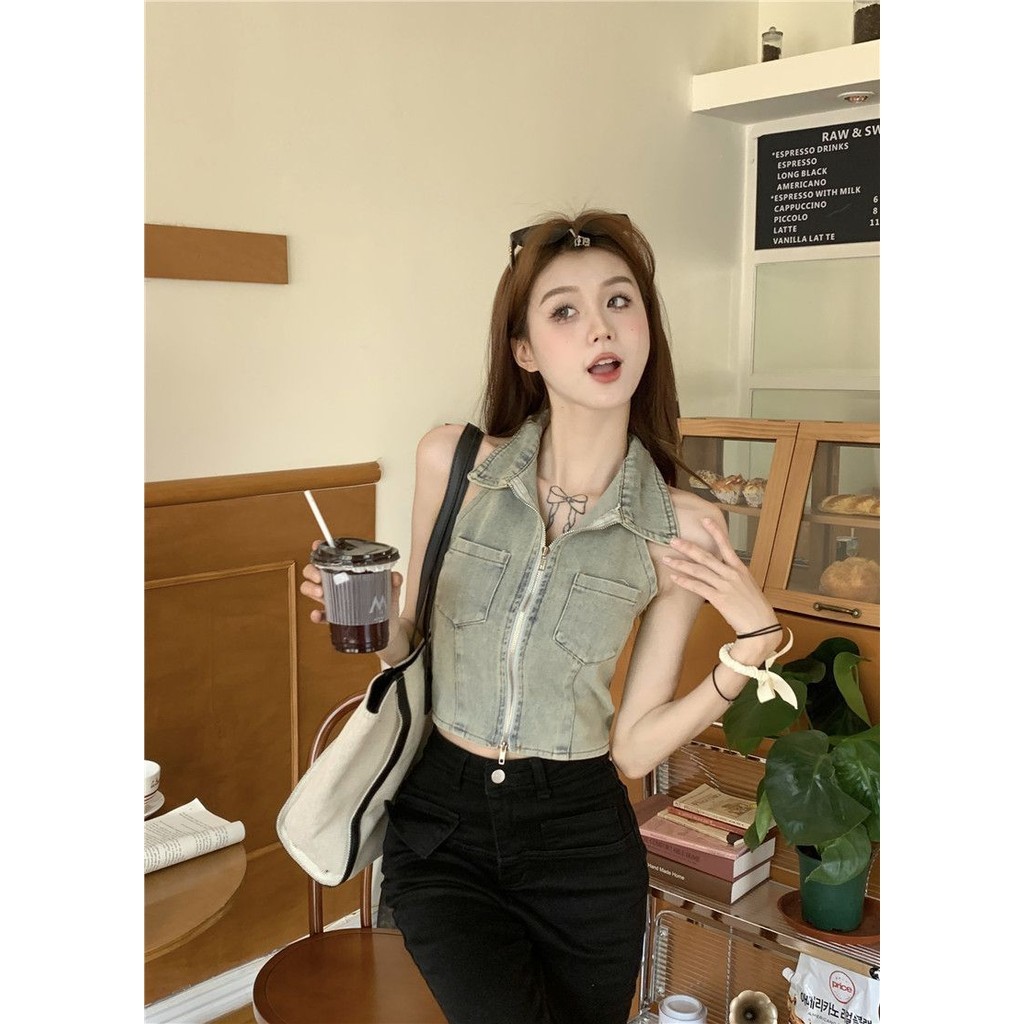Hot Girl Design Sense polo Cổ Dây Denim Áo Vest Mùa Hè Phong Cách Hàn Quốc Slim-fit Dây Ngắn Camisole Top Nữ Hợp Thời Trang | BigBuy360 - bigbuy360.vn