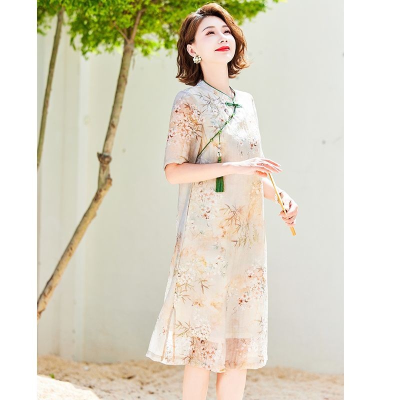 Váy Mẹ Váy Nữ Trung Dài Mới Phong Cách Trung Hoa Người Cao Tuổi Trung Niên Mùa Hè Thời Trang Đầm Thời Trang