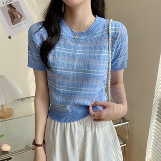 Áo thun nữ sọc mỏng dệt kim ngắn tay mùa hè thời trang mới phong cách phương Tây Áo ngắn dáng rộng dệt kim đáy áo sơ mi ngắn tay Y9HT