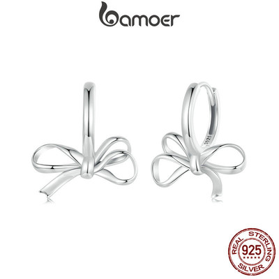 Bamoer 925 Sterling Sliver Vòng Bông Tai Thiết Kế Nơ Dễ Thương Hàng Ngày Ocassion Trang Sức Quà Tặng Cho Nữ Bé Gái Học Sinh