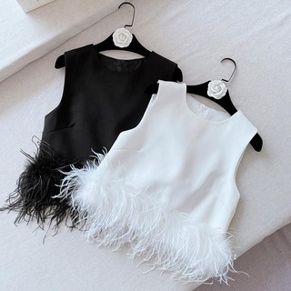 Len khâu ba chiều cắt slim-fit hình flattering không tay nữ mùa xuân mới top