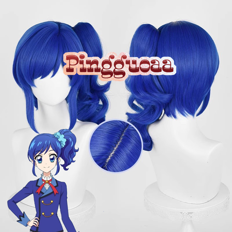Anime Aikatsu Series Kiriya Aoi Cosplay Wig 37cm Short Blue Wigs with Ponytail Heat Resistant Synthe