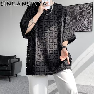 Sinransinya Áo thun nam mới, phong cách cổ điển Nhật Bản, giản dị, cao cấp, màu trơn, thiết kế tua rua, dáng rộng, phong cách Trung Quốc mới, phong cách cặp đôi đẹp trai, áo nửa tay thời trang