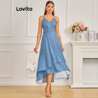 Đầm Lovito viền xếp nếp họa tiết sọc phong cách thanh lịch cho nữ LBL11184