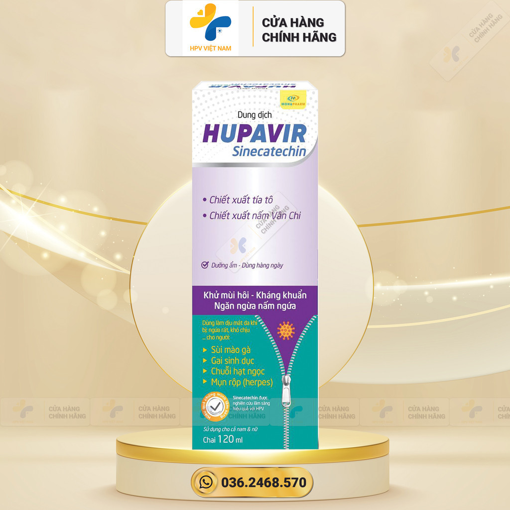 Dung dịch vệ sinh Hupavir Sinecatechin lọ 120 ml Hỗ trợ cho người bị Sùi Mào Gà, hạt ngọc, mụn rộp, Herpes