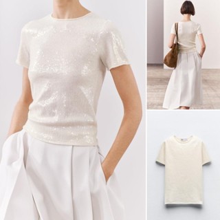 ZA 24 Xuân Hè Phong Cách Mới Slim-fit Phù Hợp Với Phong Cách Cơ Bản Đính Kim Sa Lấp Lánh Cổ Tròn Áo Len Tay Ngắn3920066