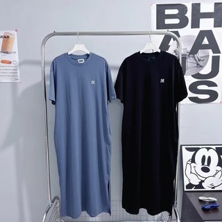 Mùa Hè MLB Nữ Thường Ngày Hàn Quốc Váy Ngắn Tay NY Thêu Rời Cổ Tròn Cotton Váy Dài Nữ