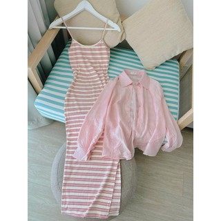 Set đầm maxi sọc hồng body + khoác sơ mi hồng ngoài