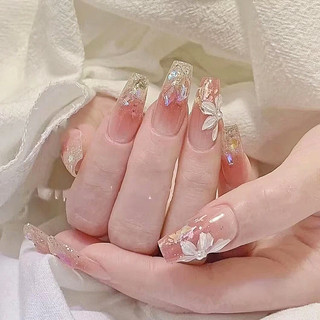 Ấm Áp Hoa Đá Bán Chạy Trắng Quang Trị Liệu Vẽ Tay Mùa Xuân Dán Móng Tay Handmade Mặc Móng Tay Thành Phẩm Bán Buôn