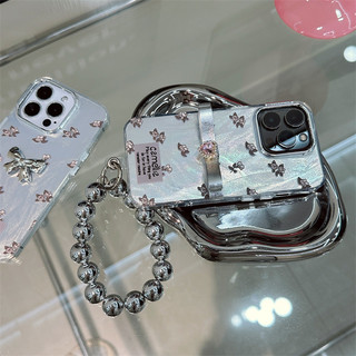 Thích hợp cho IPhone 11 12 Pro Max X XR XS Max SE 7 Plus 8 Plus IPhone 13 Pro Max IPhone 14 15 Pro Max Vỏ điện thoại Màu bạc Cảm giác với Vòng tay phụ kiện nút thắt kim cương màu hồng