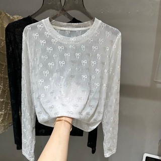 Phong Cách Hàn Quốc Nơ In Gạc Áo Thun Nữ Mùa Hè 2024 Phong Cách Mới Chống Nắng Top Áo Thun Dài Tay