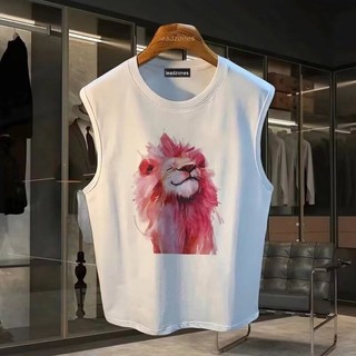 Áo nam màu hồng Lion In họa tiết Mỹ Cotton nguyên chất Cắt vai Áo Vest bé trai