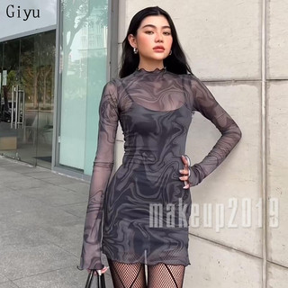 Giyushort tay lưới cổ tròn in họa tiết trừu tượng váy lưới nữ
