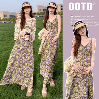 Bộ đồ bà bầu Mùa hè Phong cách mới Rỗng Kem chống nắng Top + Cổ chữ V Hoa phù hợp cho bà bầu Bộ đồ hai mảnh