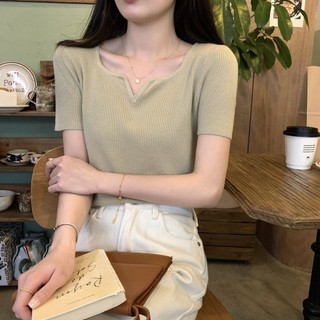 Áo sơ mi dệt kim cổ Yuewenv Áo sơ mi nữ phong cách bên trong ngắn Slim-fit Áo thun chui đầu tay ngắn