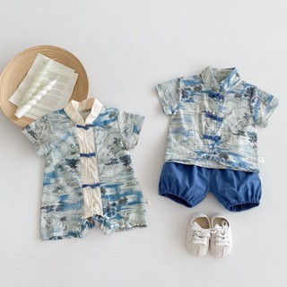2024 Phong Cách Cho Bé Mùa Hè Mỏng Phong Cách Áo Liền Quần Bé Trai Phong Cách Bé Tranh Phong Cảnh In Hình Jumpsuit Trẻ Em Đẹp Trai Đi Chơi Quần Áo