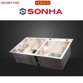 Chậu inox sơn hà premium 2 hố lệch hm.x.2l.82.2.2, chậu rửa chén bát chính hãng