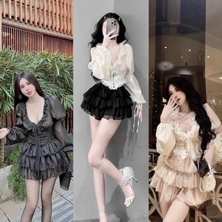 Set áo VOAN bèo PHỐI REN tiểu thư tay dày + Chân váy tầng