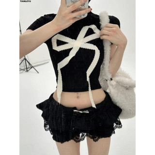 Tianleyu Nút Thắt Lưng Mỹ Sweet Cay Cổ Nhỏ Cao Tay Ngắn Nữ Mùa Hè Thiết Kế Váy Ngắn Đan Top