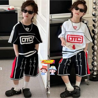 Bộ thun cotton may viền phối in hoạ tiết chữ nổi cho bé trai